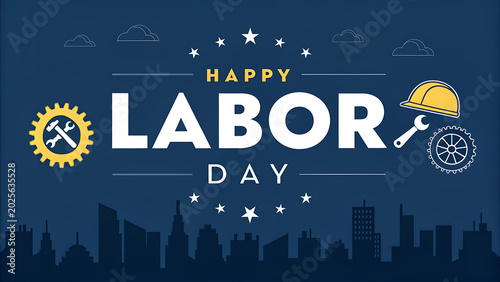 Happy Labor Day greeting card with industrial icons and city skyline silhouette on dark blue background