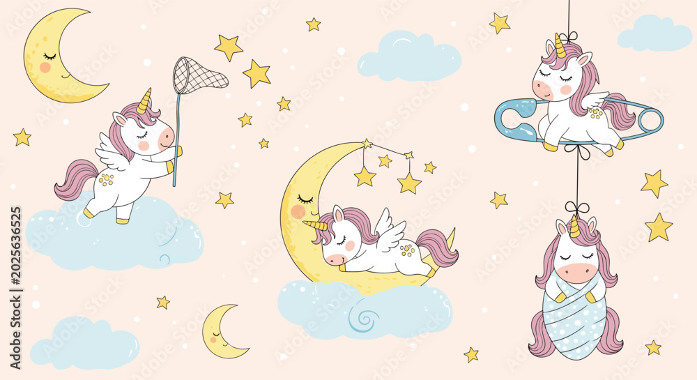 Naklejka premium Charming nursery illustration featuring magical winged unicorns sleeping and playing on soft clouds and crescent moons with golden stars.