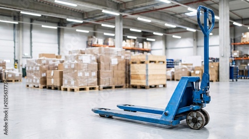 Industrial lifting equipment in massive warehouse with bright blue manual pallet jack resting on spotless gray concrete floor near pallets.