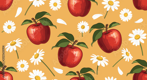 Lush seamless pattern featuring ripe red apples with green leaves and white daisy flowers scattered over a warm golden-yellow background.