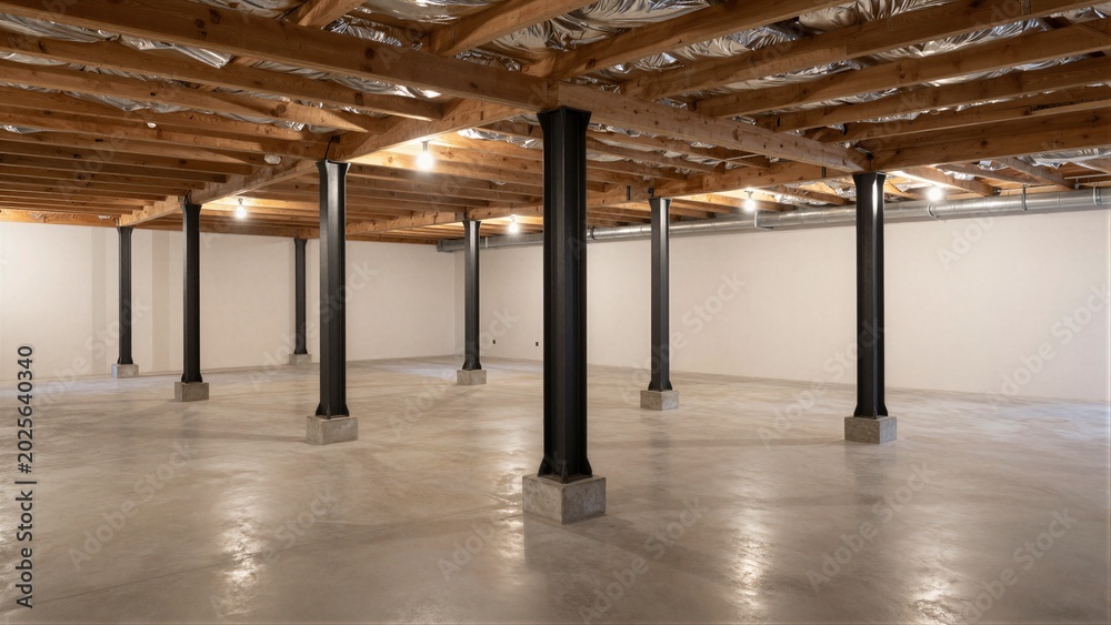 Naklejka premium Crawl space with steel support jacks and concrete pads stabilizing wooden beams, featuring a clean concrete floor and insulation.