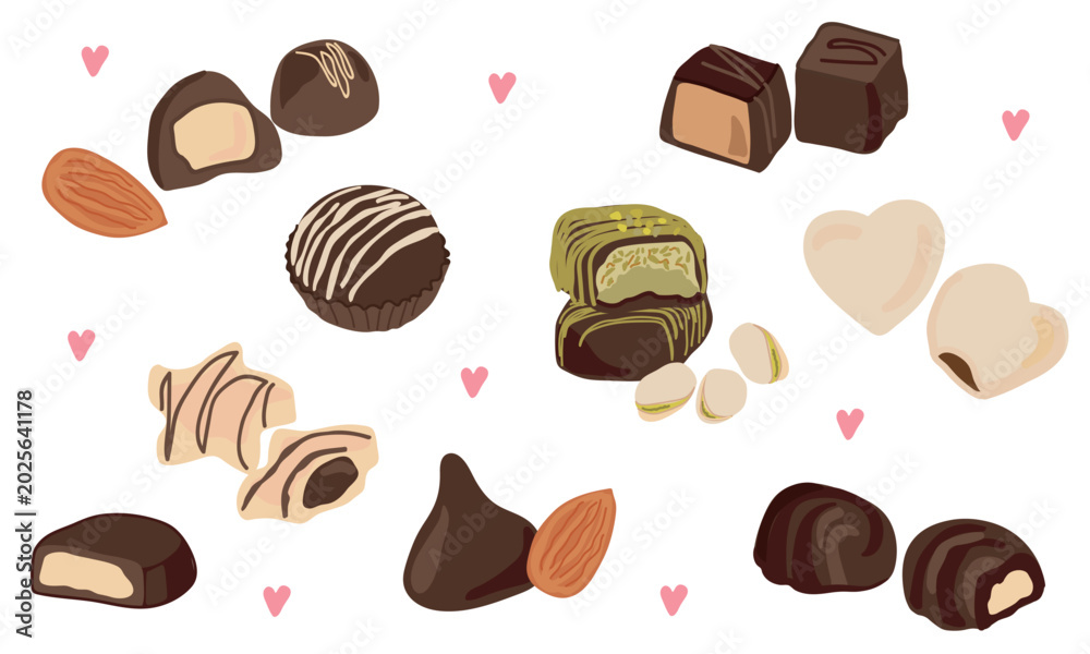 Fototapeta premium Hand drawn chocolate candies and truffles collection. Sweet pralines, bonbons with pistachio, almond nuts, and heart shapes for Valentine day stickers, scrapbooking, and menu design.