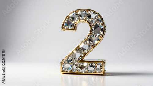 Exquisite Golden Number Two Adorned with Brilliant Diamonds Sparkling on a Reflective White Surface