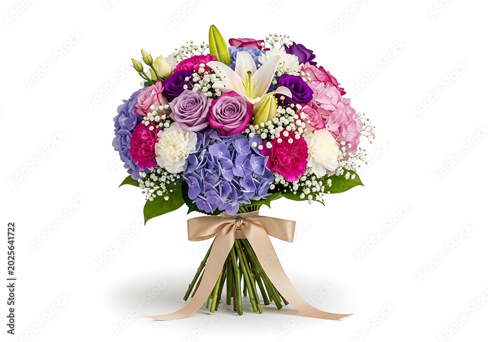 Fototapeta premium Vibrant bouquet of mixed flowers with a decorative ribbon