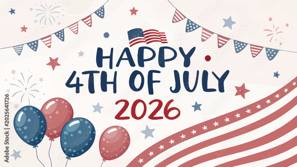 Obraz premium Happy 4th of july 2026 celebration with balloons and fireworks