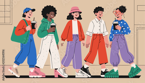 A group of young adults walking together while holding coffee cups
