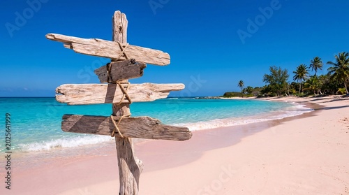 Weathered beach signage made of rustic driftwood pointing in three directions on stunning pink sand beach against vibrant turquoise ocean.