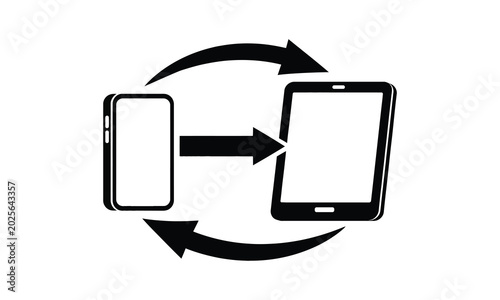 Data synchronization symbol showing tablet and mobile phone devices connected with rotating arrows sign.