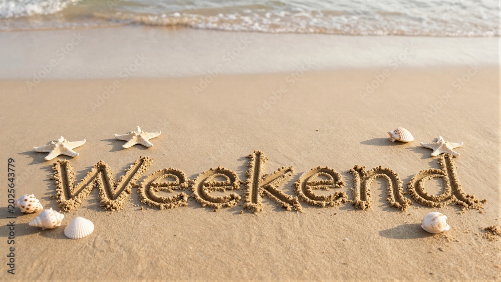 Fototapeta premium The word 'weekend' is written in the sand with seashells and starfish around, near ocean waves.
