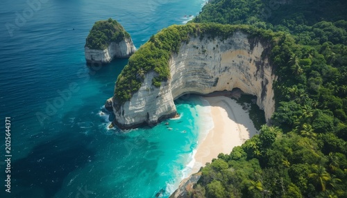 “Aerial view of limestone cliffs, turquoise waters, sandy beaches, and lush greenery along a tropical coastline captured from above