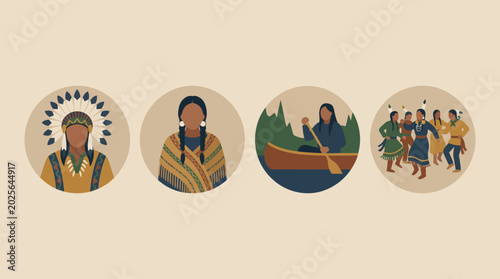 Bild auf Leinwand Illustrations of indigenous people and activities.