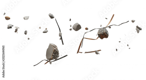 Floating fragments of broken concrete, jagged stone pieces, and thin metallic wire strands suspended in mid-air against a black background