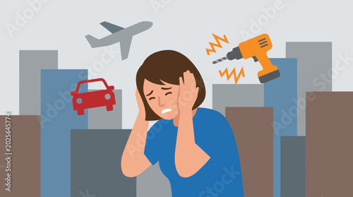 Foto Overwhelmed woman in stressful city environment with noise pollution
