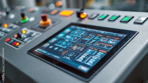 Detailed close-up of a control panel with a digital display showing intricate data and physical switches