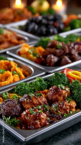 The appetising dishes served on metal trays at the buffet provide a striking backdrop for advertising catering services and themes relating to festive feasts.
