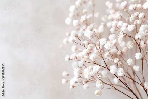 A bunch of gypsophila flowers is arranged simply with delicate white blooms in a minimal style. The soft background enhances the lightness of the flowers