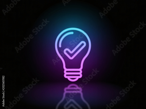 Neon light bulb icon with check mark for idea and innovation, glowing purple and blue