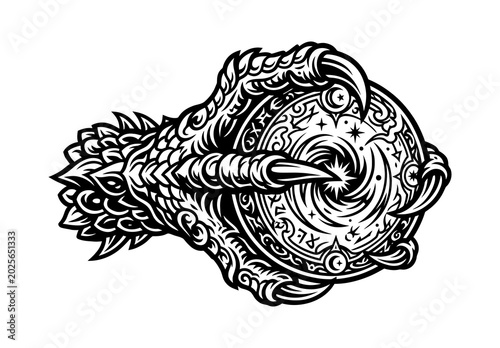 Schilderij op canvas Intricate monochrome illustration of a formidable beast's taloned claw gripping