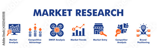 Cuadro en lienzo MARKET RESEARCH web banner icon vector illustration concept for business with icon of Market Analysis, Competitive Advantage, SWOT Analysis, Market Trends, Market Entry, Competitor Analysis