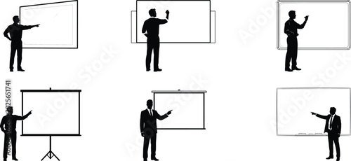 Set of silhouettes of businessmen giving a presentation on a projection screen