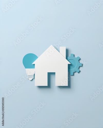 A minimalist illustration of a white house with a blue lightbulb and a blue gear, symbolizing smart home technology or real estate solutions