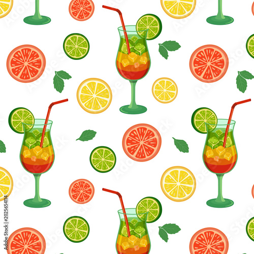 Summer tropical cocktail seamless pattern of citrus slices, mojito glasses, mint leaves, ice cubes on white background. Fresh colorful vector illustration for fabric, wrapping, wallpaper, packaging.