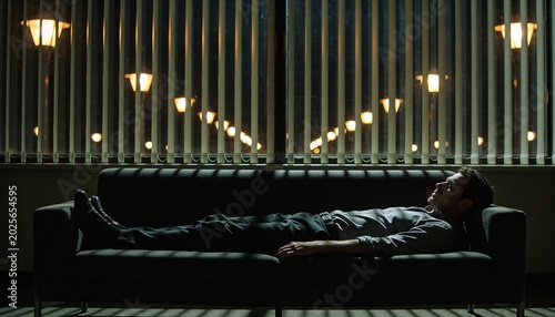 Reclining adult male wearing business attire on dark sofa in office, blinds casting streetlamp orbs