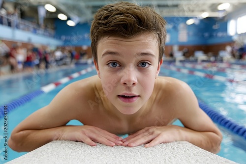 Young boy swimmer looks at camera from pool edge