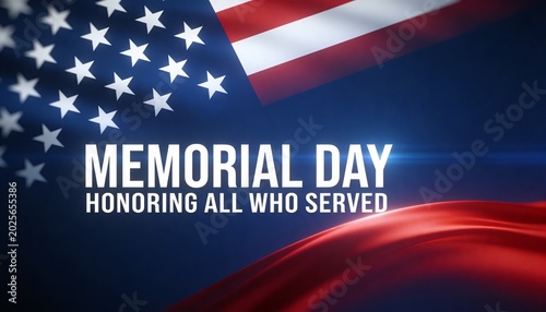 Featuring centered MEMORIAL DAY text on commemorative poster, showing flag stars and red ribbon