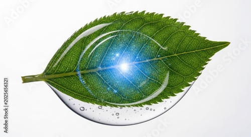 Leaf with glowing blue planet.