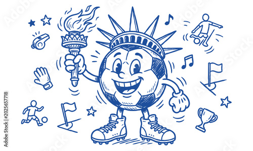 Vintage 1930s Rubber Hose Style Soccer Ball Mascot and Football Doodle Set