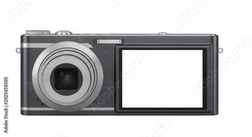 Front view of a compact digital camera with a silver lens and a large blank white rectangular screen isolated on a black background