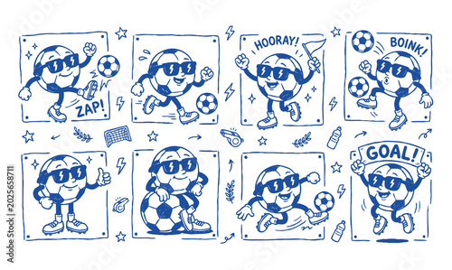 Vintage 1930s Rubber Hose Style Soccer Ball Mascot and Football Doodle Set