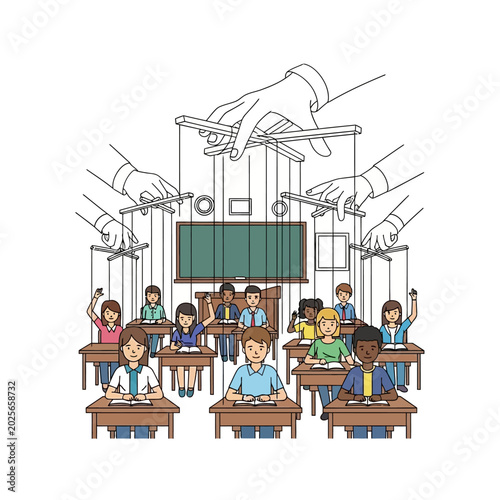 Puppet Classroom Illustration: Students Controlled by Hands, Education Concept