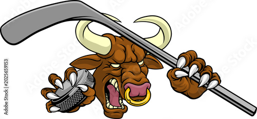 Photography A bull or Minotaur monster longhorn cow angry mean ice hockey mascot cartoon character