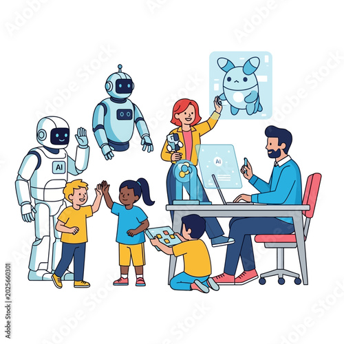 Kids Learning Robotics with Teachers and Robots, Futuristic Concept