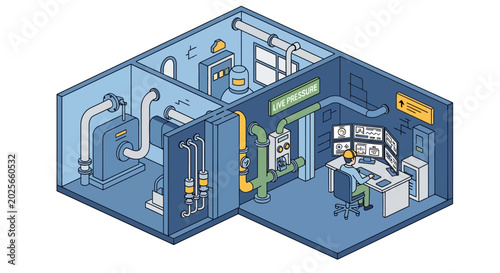 Isometric Industrial Control Room with Piping and Monitoring Station