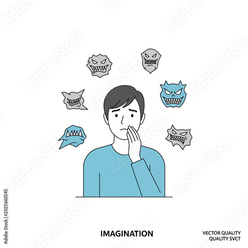 Man troubled by monster thoughts, mental issues concept illustration