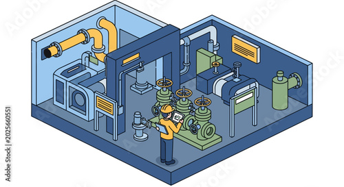 Industrial Technician Inspecting Pipeline System Pressure Isometric