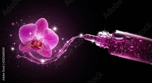 Perfume bottle spraying pink flower.
