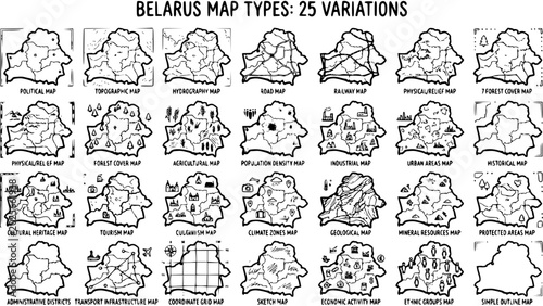 Принти на полотні Belarus Map Types: 25 Black  White Line Art Vector Variations for Geography, Car