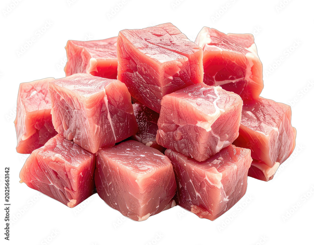 Fototapeta premium Freshly cut raw meat cubes, uniformly portioned for cooking