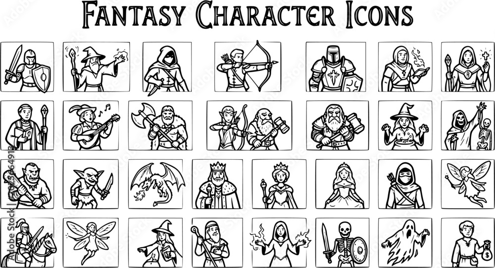 Obraz premium Fantasy Character Icons, Black and White Line Art for Game Design and RPGs