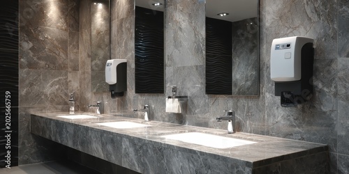 Public restroom. Office bathroom with white rectangular basins, water faucets, grey marble counter benchtop. Black soap dishes. A row of sinks, square mirrors. Tiles floor, walls. Contemporary style