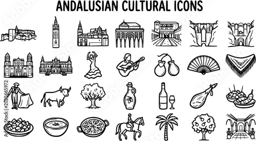Foto Andalusian Cultural Icons: Black and White Line Art Collection