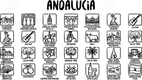 Fotografie Andalucia Spain Travel Culture Line Art Icons Set: Historic Landmarks, Tradition