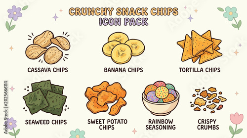 Fotografie An icon pack illustration featuring various crunchy snack chips including cassava, banana, tortilla, seaweed, and sweet potato chips, along with rainbow seasoning and crispy crumbs