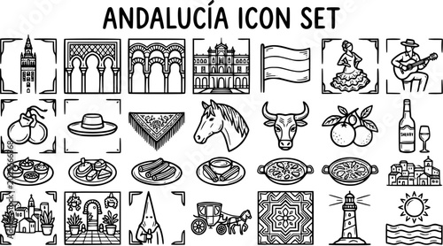 Obraz na płótnie Andaluc?a Icon Set: Black and White Line Art Symbols of Spanish Culture, Travel,