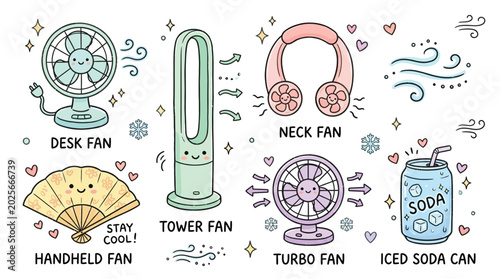 Bild auf Leinwand A charming collection of cute, kawaii-style fans and a soda can, all designed to keep you cool during hot weather