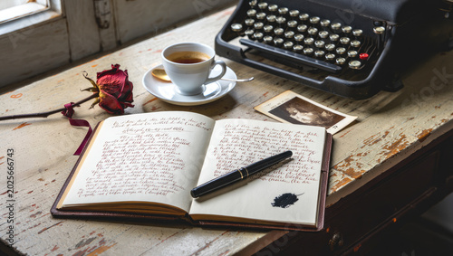 Vintage writing desk, typewriter, journal, creative process, nostalgia, poetry inspiration, literary scene, antique office, elegant ambiance, historical writing tools, poet core